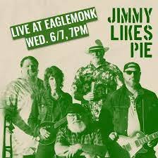 Advertisement, Poster, Man, Person. Text: JIMMY LIVE AT EAGLEMONK LIKES WED. 6/7, 7PM PIE