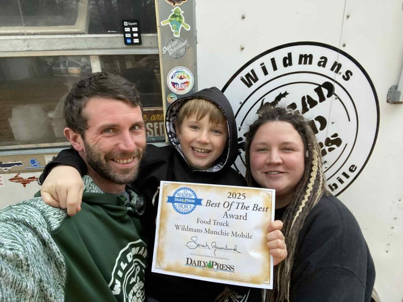 Person, Photography, Portrait, People. Text: Square Superior Selections UPPER Wildmans HAND SED 2025 bile READERS 2025 DAILY PRESS CHOICE Best Of The Best Award Food Truck Wildmans Munchie Mobile Sarah DAILY PRESS PR