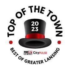 Logo, Shaker, Symbol, Text. Text: TOP OF THE 20 23 TOWN BEST OF NEWS FOX47 GREATER CityPULSE LANSING