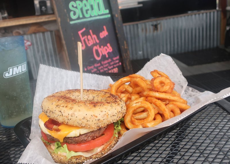 Burger, Food, Food Presentation, Bread. Text: Fish and JMU Chips