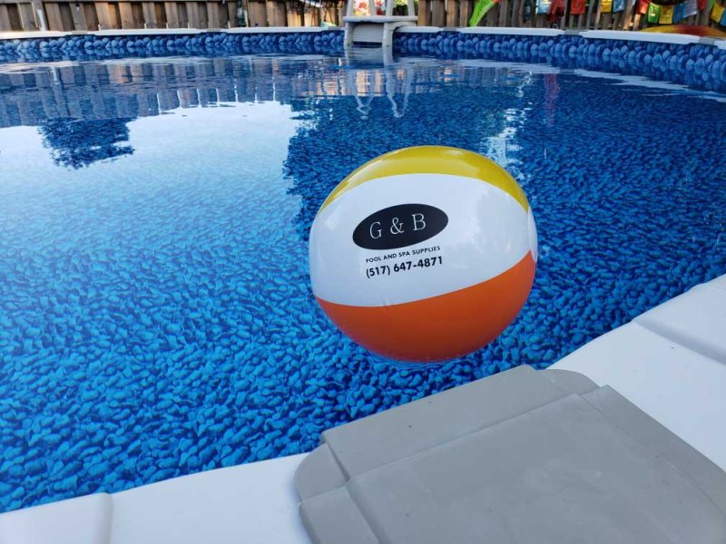 Pool, Water, Swimming Pool, Volleyball (Ball). Text: G &amp; B POOL AND SPA SUPPLIES (517) 647-4871