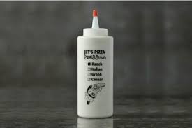 Bottle, Food, Ketchup, Shaker. Text: JET&#039;S PIZZA Greek