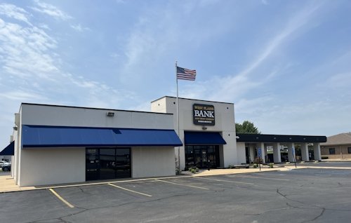 Car, Factory, Car Dealership, Awning. Text: BANK