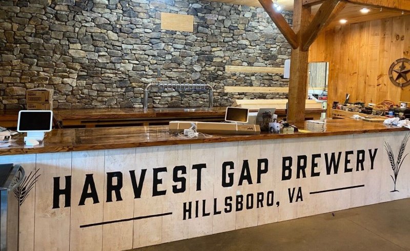 Interior Design, Cafeteria, Restaurant, Wood. Text: 1241 1241 HARVEST GAP BREWERY HILLSBORO, VA