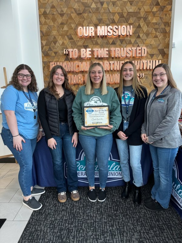 Pants, Jeans, Shoe, Groupshot. Text: OUR MISSION "TO BE THE TRUSTED MUN OUR UNIO Peninsula Pen 2025 Best Of The Best Award Customer Service/General Peninsula Federal Union la ERA RE UNION