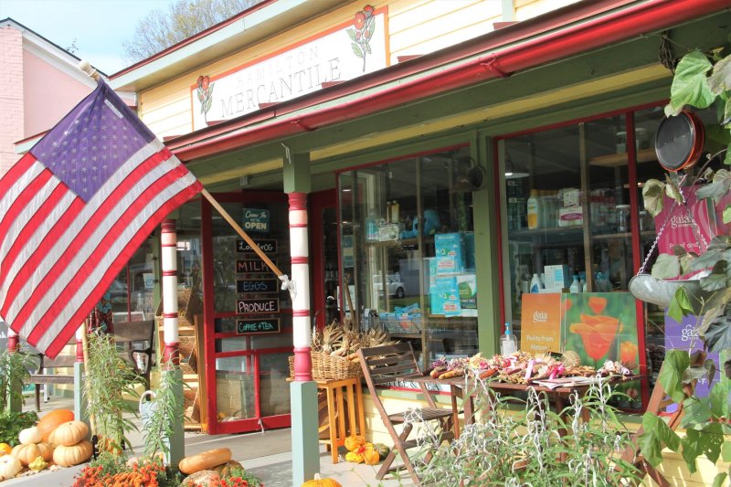 Flag, Potted Plant, Shop, Building. Text: HAMILTON MERCANTILE Come In WE&#039;RE OPEN MILK EGGS PRODUCE gaia COFFEE +TEA Purity from Nature