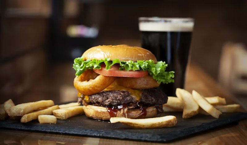 Food, Food Presentation, Burger, Beer.