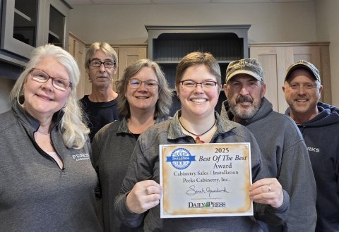 Glasses, Person, Portrait, People. Text: 2025 2025 RKS READERS PERKS CABINETRY DAILY PRESS Best Of The Best CHOICE Award Perks Cabinetry, Inc. DAILY PRESS