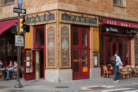 Cafe, Restaurant, Cafeteria, Lamp. Text: P ONE WAY GLACES VINS FINS APERITIES TURN ON RED COGNAC RHUM 2F MENU MENU CHAMPAGNE CONFITS BIÈRE