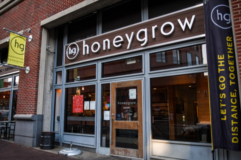 Cafe, Restaurant, Cafeteria, Desk. Text: hg hg hg &gt;&gt;&gt;&gt;&gt;&gt;&gt;&gt; honeygrow honeygrow NOURISHING CREATIVITY honeygrow hg HOURS SUN LET&#039;S GO THE DISTANCE, TOGETHER