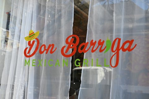 Curtain, Bride, Person, Woman. Text: Don Barr MEXICAN GRILL ga