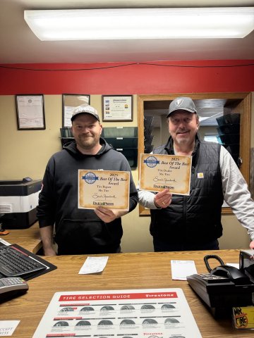 Adult, Male, Man, Person. Text: BRIDGESTONE 2025 READERS CHOICE Best Of The Best Award Tire Dealer Mr. Tire 2025 Best Of The Best Award Tire Repair Mr. Tire TIRE SELECTION GUIDE DESTINATION CCEPT Firestone RESS TRUCK/SUV