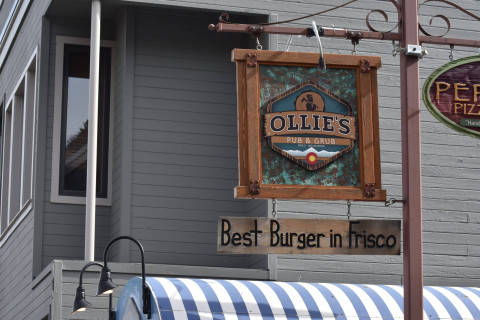 Awning, Factory, Shelter, Home Decor. Text: OLLIE&#039;S &quot;Hand PUB &amp; GRUB FRISCO BRECKENRIDGE Best Burger in Frisco
