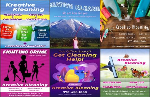 Advertisement, Poster, Person, Bird. Text: Kreative Kleaning We are here for you RESIDENTIAL MOVE OUT 970.456.1060 stacy.networkinteriors@gmail.com &amp; &amp; COMMERCIAL CONSTRUCTION CONTACT Kreative Kleaning, US CALL EMAIL for kleaning (970) services...