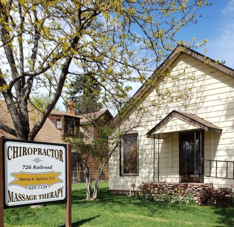 Shelter, Cottage, Grass, Tree. Text: CHIROPRACTOR 726 Railroad 625-1129 MASSAGE THERAPY