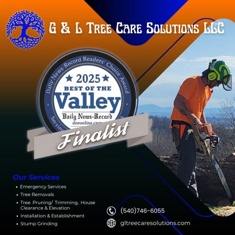 Advertisement, Poster, Person, Helmet. Text: G &amp; L TREE CARE SOLUTIONS LLC OF THE Valley Serving dnronline.cnm Finalist ZER STIHL Our Services Emergency Services Tree Removals Tree Pruning/ Trimming, House Clearance &amp; Elevation (540)746-6055 In...