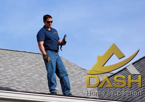 Roof, Jeans, Man, Person. Text: DASH Home Inspection
