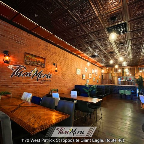 Interior Design, Restaurant, Dining Table, Cafeteria. Text: EATERY&amp; BAR 1170 West Patrick St (opposite Giant Eagle, Route 40)