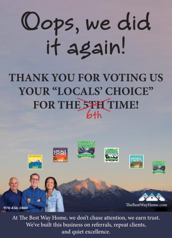 Advertisement, Poster, Book, Person. Text: Oops, we did it again! THANK YOU FOR VOTING US YOUR "LOCALS' CHOICE" FOR THE 5TH TIME! 6th LOCALS' CHOICE POST INDEPENDENT LOCALS' CHOICE CHOICE 2026 LOCALS' CHOICE 2016 2017 CHOI...