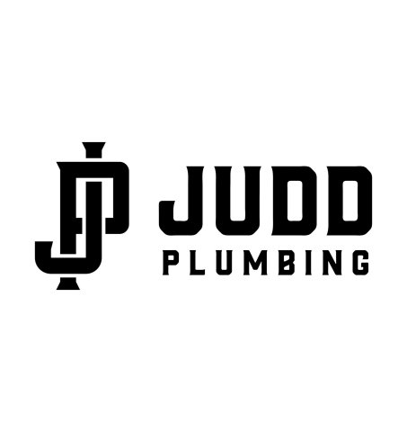 Logo, Stencil, Text, Cutlery. Text: JUDD PLUMBING