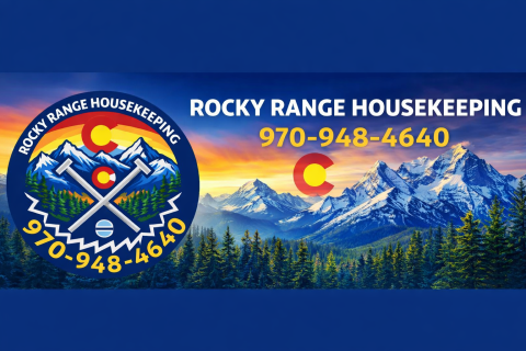 Tree, Outdoors, Peak, Logo. Text: ROCKY RANGE HOUSEKEEPING ROCKY RANGE HOUSEKEEPING 970-948-4640