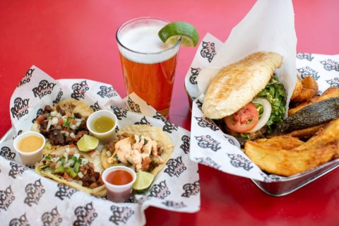Food Presentation, Brunch, Burger, Beer. Text: ROCKY TACO TACO ROCKY TACO TACO ROCKY TA TACO TACO ROC TAC TA ACO TACO TACO TACO
