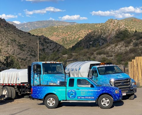 Vehicle, Truck, Pickup Truck, Wheel. Text: Bates Water Pros. 970.618.221 Everything Water Bates Water Water Treatment Bulk Water Call Today: 970.618.2214