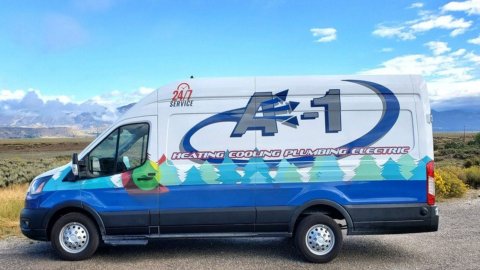 Moving Van, Vehicle, Small Box Truck, Truck. Text: 24/7 SERVICE HEATING COOLING PLUMBING ELECTRIC