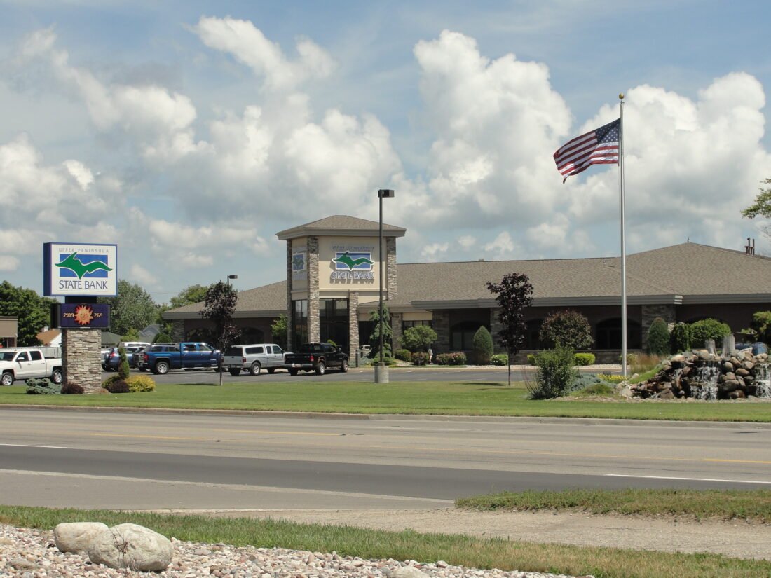 Building, Flag, Car, Wheel. Text: UPPER PENINSOLA STATE BANK