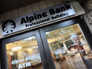 Shop, Door, Restaurant, Cafeteria. Text: Alpine Bank Professional Building ATM