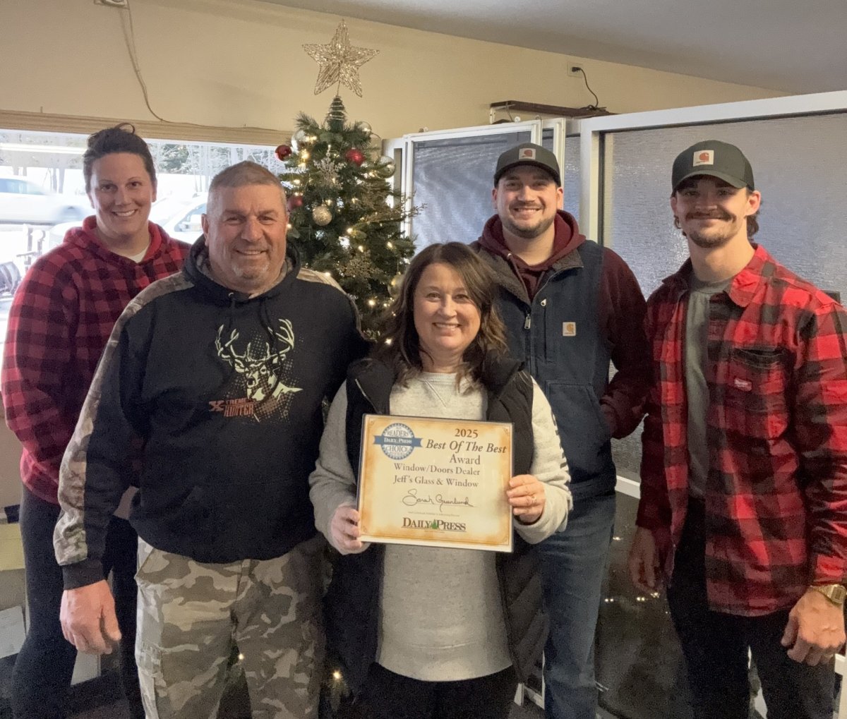 Pants, Portrait, T-Shirt, Tree. Text: HUNTER 2025 READERS DAILY PRESS Best Of The Best Award Window/Doors Dealer Jeff's Glass &amp; Window