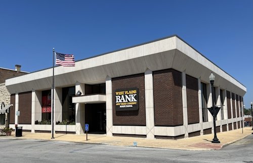 Office Building, City, Flag, Urban. Text: WEST PLAINS BANK