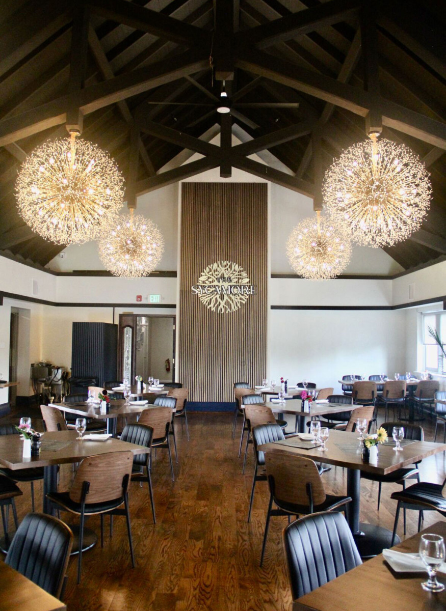 Chandelier, Dining Room, Dining Table, Restaurant. Text: THE EXIT