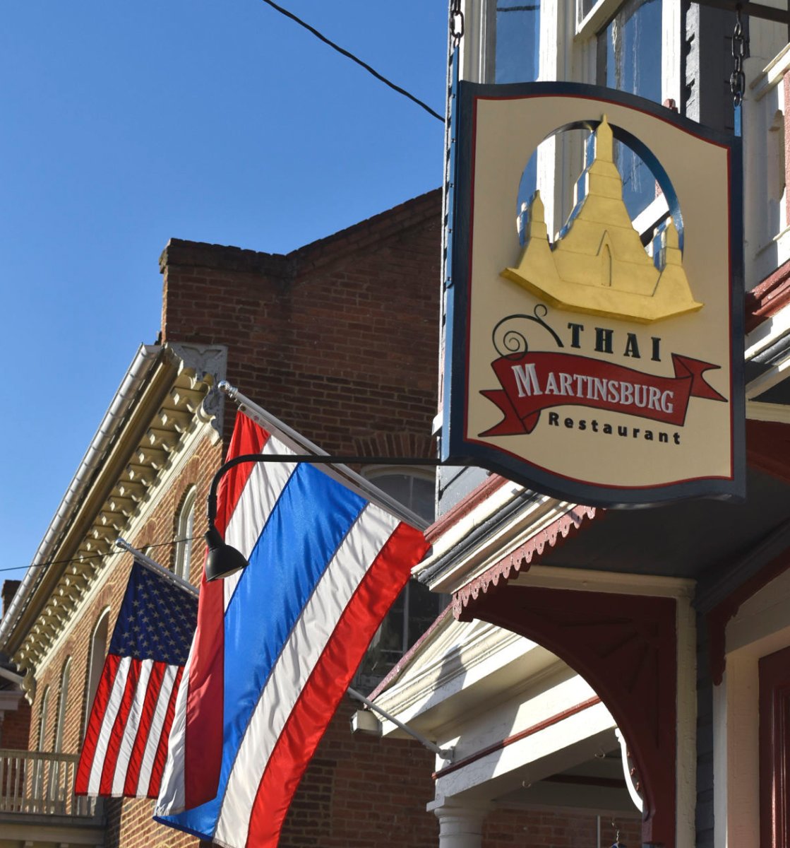 Flag, Architecture, Building, Thailand Flag. Text: THAI MARTINSBURG Restaurant