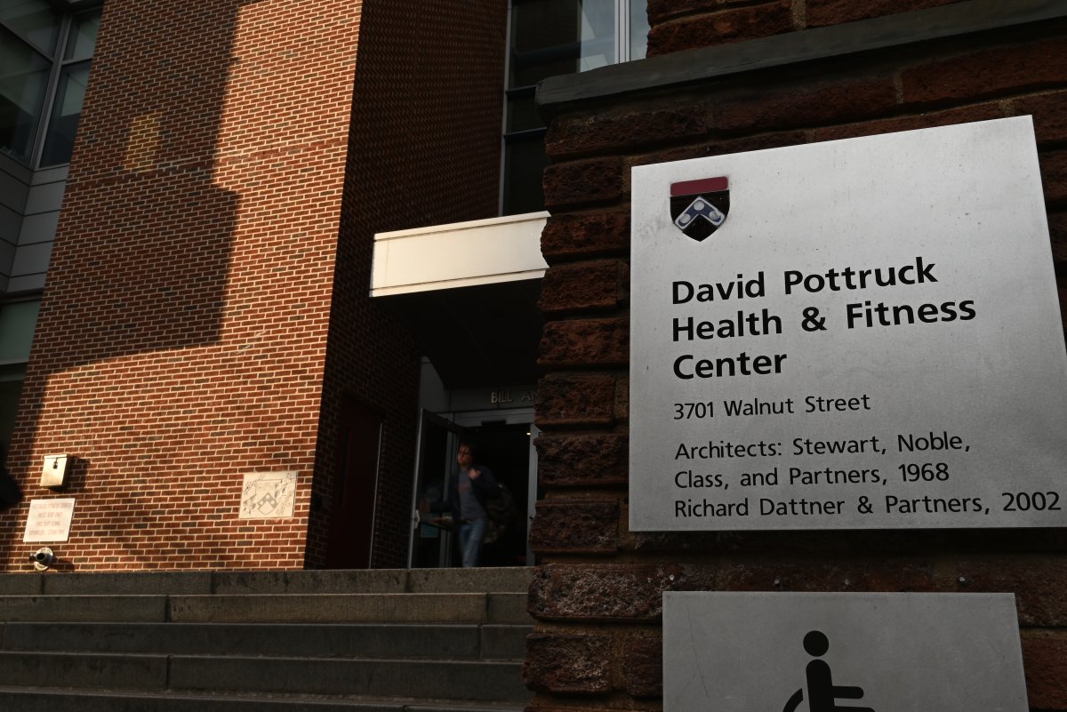Brick, Person, Wall, Plaque. Text: David Pottruck Health &amp; Fitness Center BILL A 3701 Walnut Street Architects: Stewart, Noble, Class, and Partners, 1968 POTTRUCK FITNESS CENTER WEST SIDE ONLY FIRE DEPT CONN SPRINKLER STAND PIPE Richard Dattner &am...