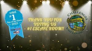 Lighting, Concert, Flare, Advertisement. Text: voted # 1 THANK YOU POR Adventure VOTING US #1 ESCAPE ROOM!! Rooms