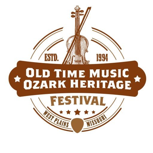 Factory, Logo, Utility Pole, Lawn Mower. Text: ESTD. 1994 OLD TIME MUSIC OZARK HERITAGE FESTIVAL WEST PLAINS MISSOURI