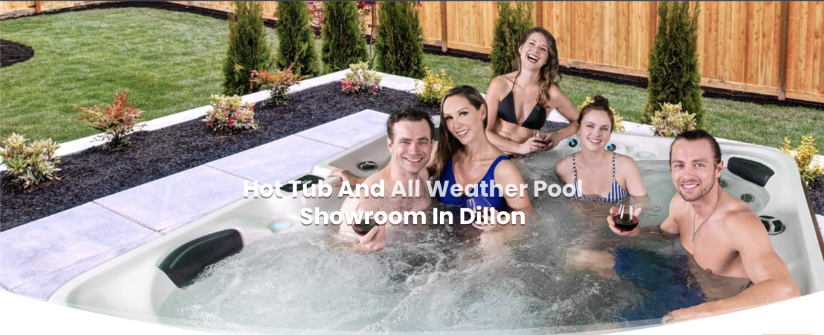 Tub, Hot Tub, Man, Person. Text: Hot Tub And All Weather Pool Showroom In Dillon