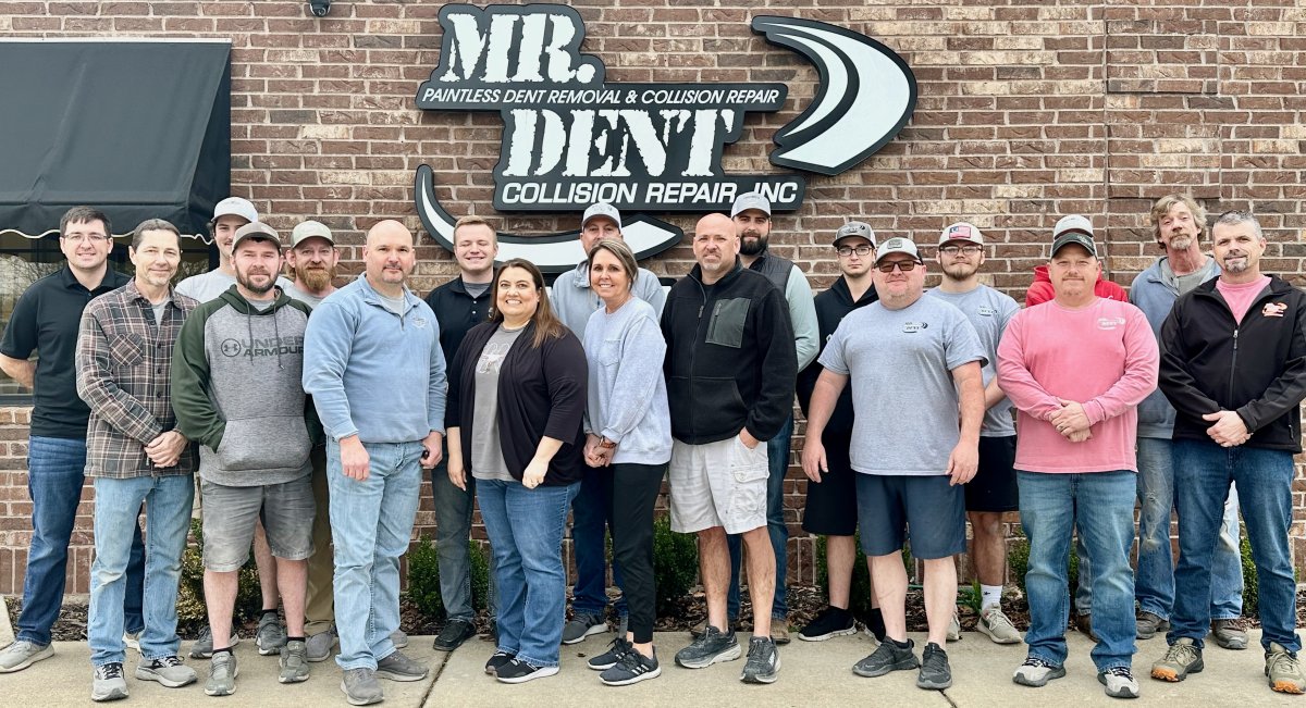 Groupshot, Pants, Jeans, People. Text: MR. PAINTLESS DENT REMOVAL &amp; COLLISION REPAIR DENT COLLISION REPAIR INC UNDER