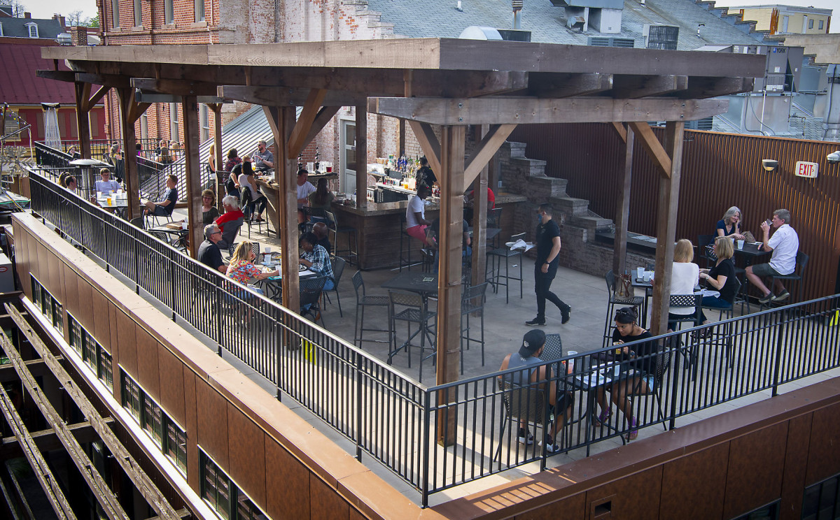 Handrail, Porch, Restaurant, Wood. Text: YORK EXIT&gt;