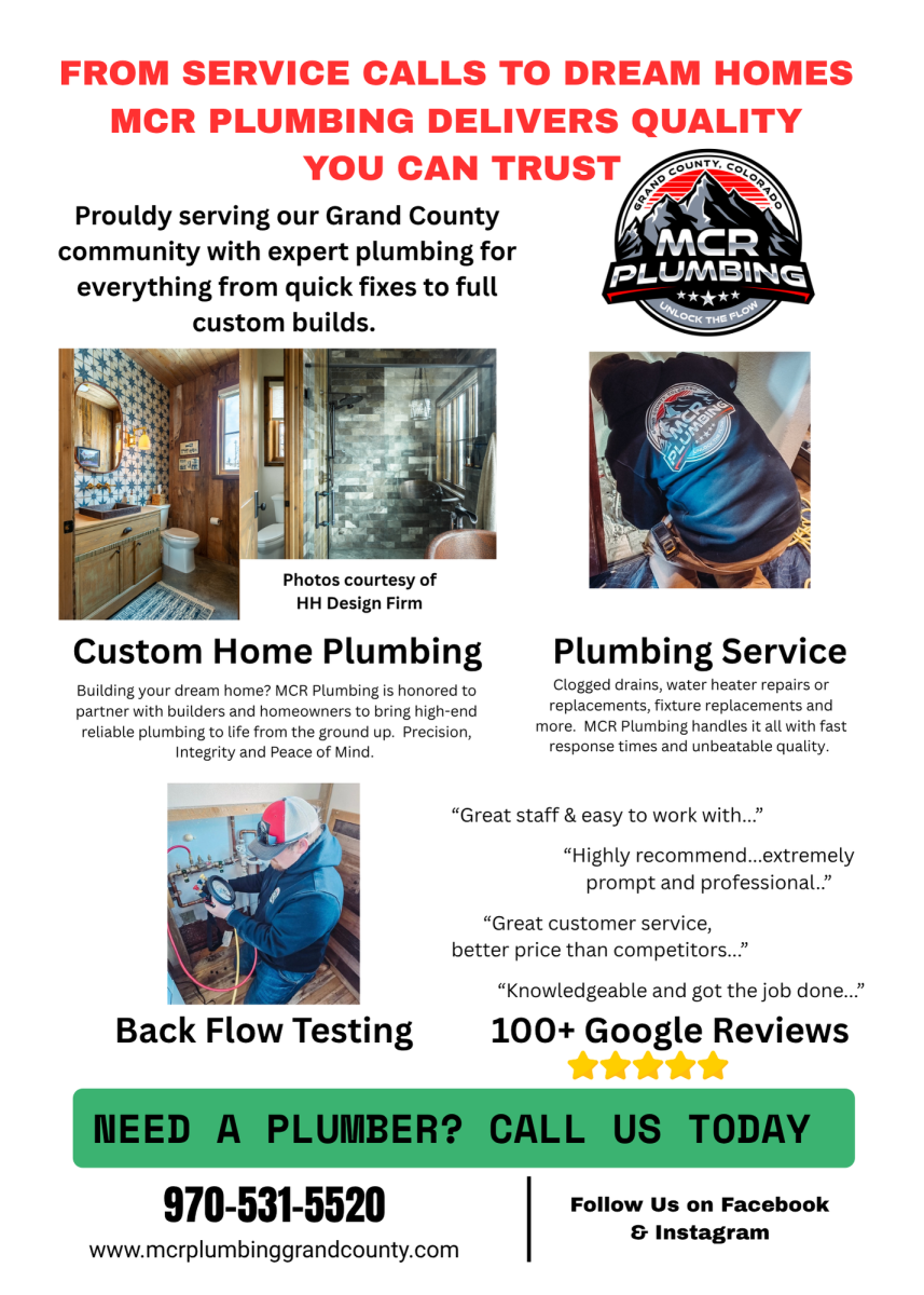 Advertisement, Poster, Man, Person. Text: FROM SERVICE CALLS TO DREAM HOMES MCR PLUMBING DELIVERS QUALITY YOU CAN TRUST Prouldy serving our Grand County MCR community with expert plumbing for PLUMBING everything from quick fixes to full UNLOCK THE FLOW...