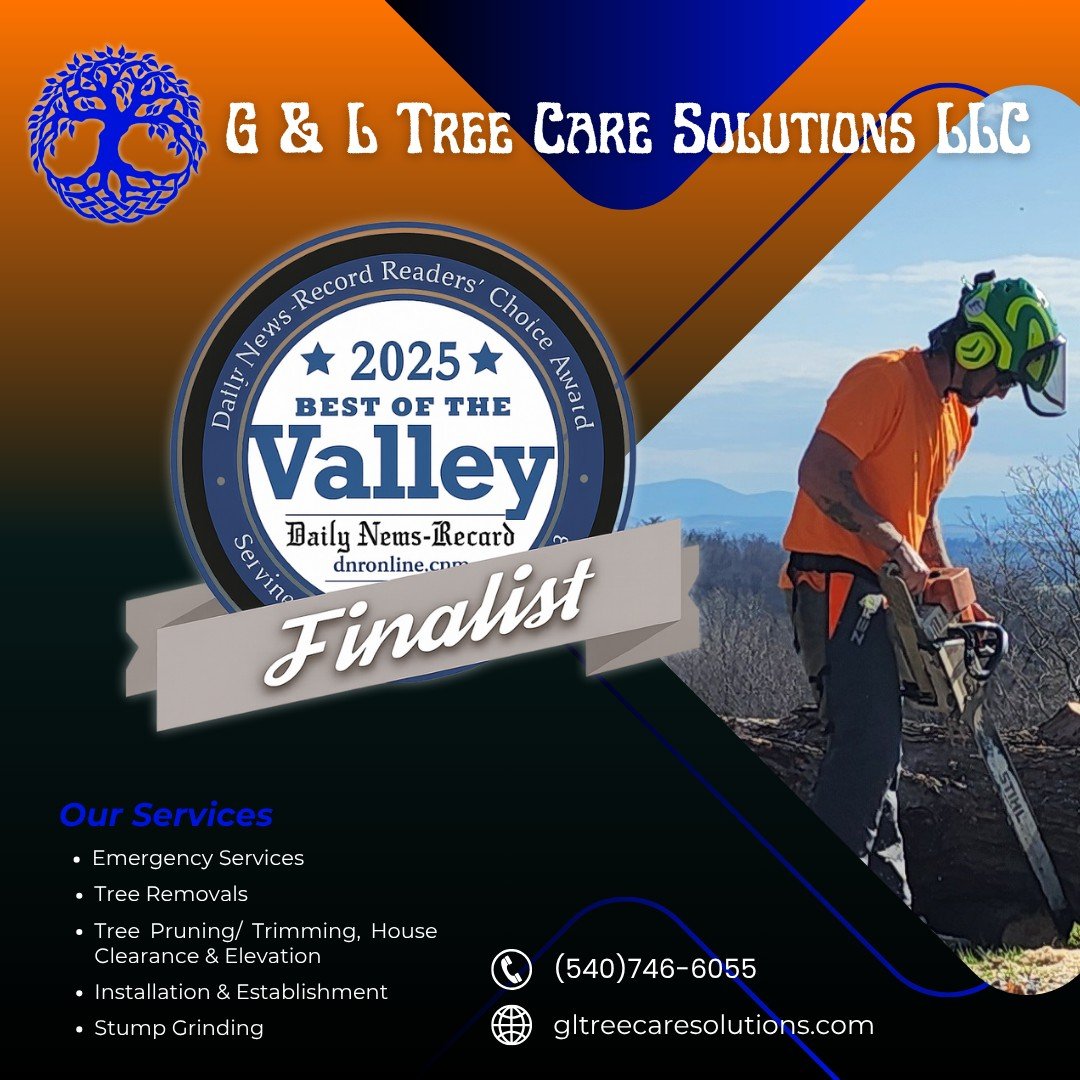 Advertisement, Poster, Person, Helmet. Text: G &amp; L TREE CARE SOLUTIONS LLC OF THE Valley Serving dnronline.cnm Finalist ZER STIHL Our Services Emergency Services Tree Removals Tree Pruning/ Trimming, House Clearance &amp; Elevation (540)746-6055 In...