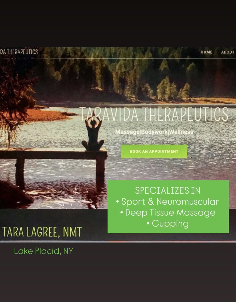 Waterfront, Vegetation, Person, Woman. Text: DA THERAPEUTICS HOME ABOUT TARAVIDA THERAPEUTICS BOOK AN APPOINTMENT SPECIALIZES IN Sport &amp; Neuromuscular Deep Tissue Massage Cupping TARA LAGREE, NMT Lake Placid, NY