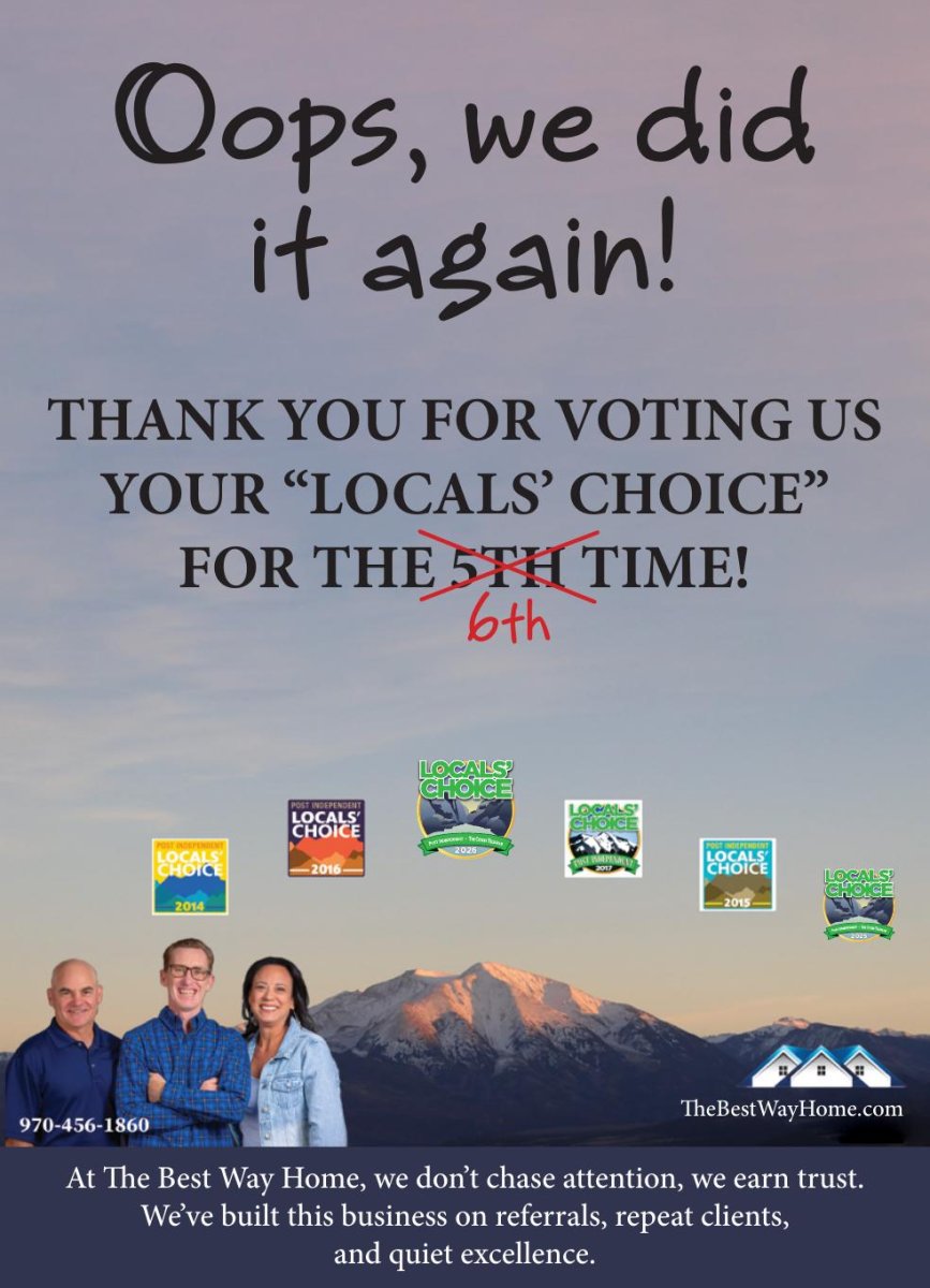 Advertisement, Poster, Book, Person. Text: Oops, we did it again! THANK YOU FOR VOTING US YOUR "LOCALS' CHOICE" FOR THE 5TH TIME! 6th LOCALS' CHOICE POST INDEPENDENT LOCALS' CHOICE CHOICE 2026 LOCALS' CHOICE 2016 2017 CHOI...