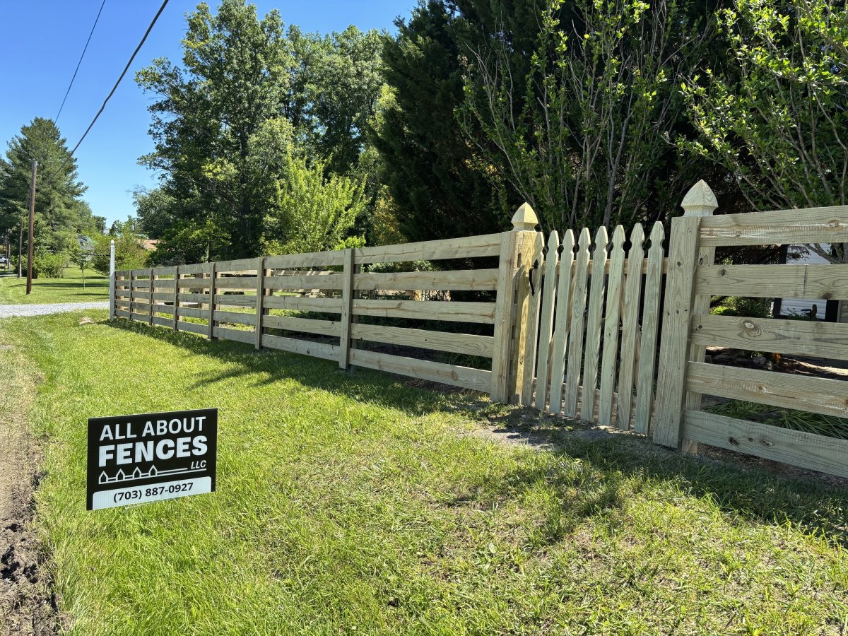 Nature, Outdoors, Yard, Backyard. Text: ALL ABOUT FENCES LLC (703) 887-0927